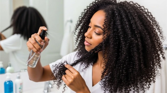 Hydrating 4C curls with water before applying products.