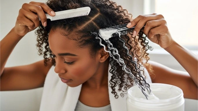 Deep conditioning thick 4C hair for softness and elasticity.
